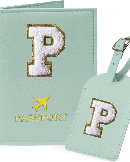 COSHAYSOO Green Passport Cover and Initial Luggage Tag Set TSA Approved with Preppy Chenille Letter Patch, Trendy Traveling Bag Backpack Suitcase Identifier Stocking Stuffer Gifts for Women Girls (P)