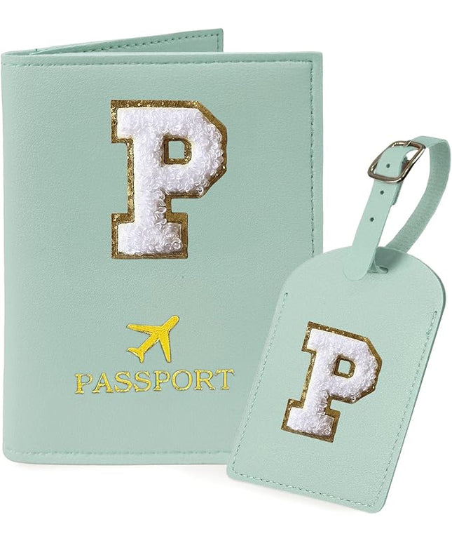 COSHAYSOO Green Passport Cover and Initial Luggage Tag Set TSA Approved with Preppy Chenille Letter Patch, Trendy Traveling Bag Backpack Suitcase Identifier Stocking Stuffer Gifts for Women Girls (P)