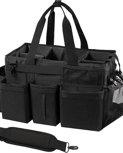 Wearable Cleaning Caddy Organizer with Handle & Shoulder Straps for Housekeepers, Under Sink & Car Cleaning Tool Organizer Bag with 4 Foldable Dividers (Black)