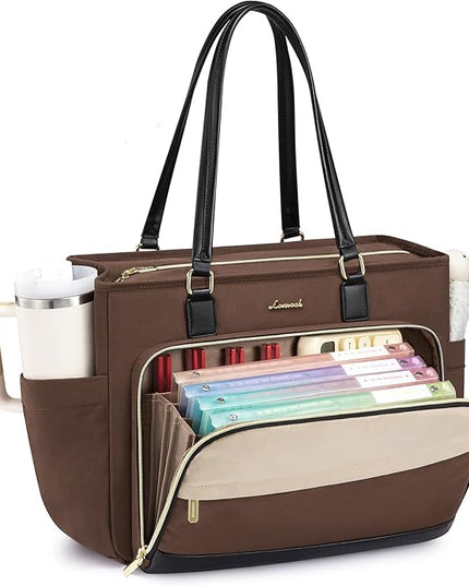 LOVEVOOK Teacher Tote Bag, Laptop Bag for Women with Large Cup Holder & Accordion File Area, Work Tote Bag for Business