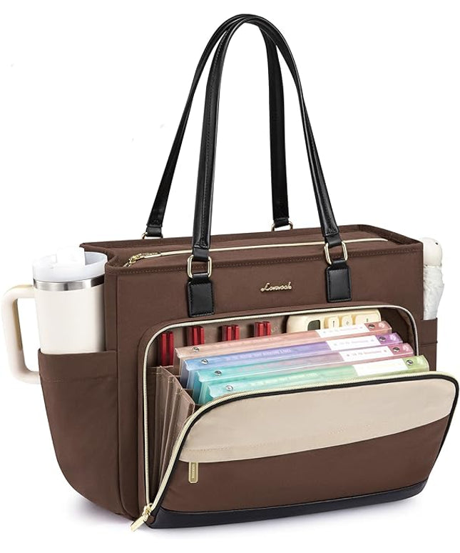 LOVEVOOK Teacher Tote Bag, Laptop Bag for Women with Large Cup Holder & Accordion File Area, Work Tote Bag for Business