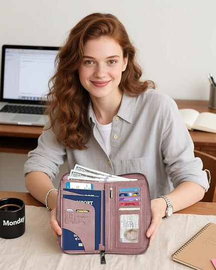 Family Passport Holder Wallet with Zipper, RFID Blocking Travel Document Organizer, PU Leather Passport Wallet for Women Men, Passport Cover Travel Wallet for Boarding Pass, ID, Money, Tickets