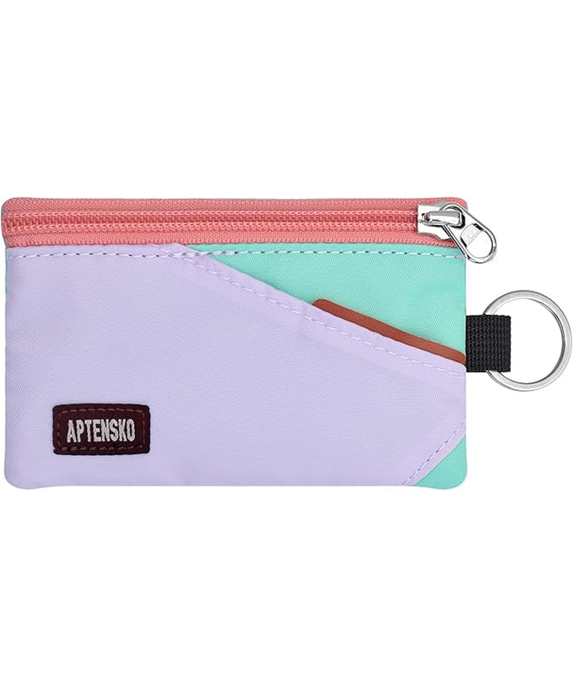 RFID Travel Wallet with Adjustable Lanyard-Zipper Small Wallet with ID Card Holder, Keychain for women&men-Minimalist Slim Waterproof Nylon case for ID, Cash, Key (SoftLilac+MintAqua)