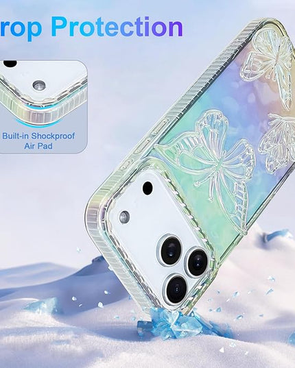 Cute Case for iPhone 17 Pro Max Case for Women Girls, with 3D Butterflies Pattern Design, Aesthetic Clear Iridescent Glitter Kawaii Girly Rainbow Protective Phone Cover