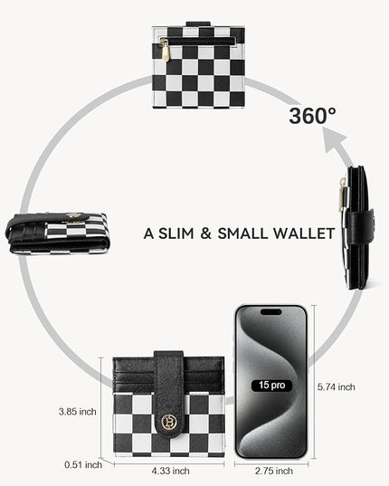 BOSTANTEN Slim Wallet for Women Small RFID Blocking Credit Card Holder Leather Bifold Wallets with Zipper Coin Pocket Black and White Checkered