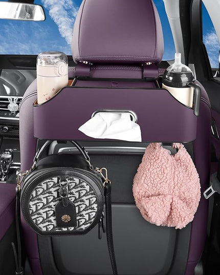 Car Seat Back Organizer - Stylish & Functional Storage for Family Adventures - Cup Holders, Tissue Box & Hooks - Perfect for Kids, Road Trips & Travel (Purple)