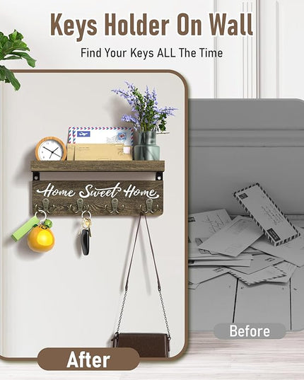 buways Wall-Mounted Key and Mail Holder, Wooden Key Rack with 4 Double Key Hooks, Rustic Home Decor for Entryway