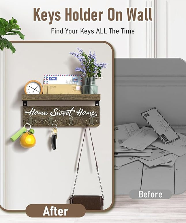 buways Wall-Mounted Key and Mail Holder, Wooden Key Rack with 4 Double Key Hooks, Rustic Home Decor for Entryway