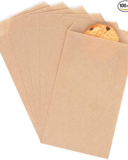 Quotidian Brown Flat Small Greaseproof Kraft Paper Bags 3" x 5" (8 x 13.3cm) Pack of 100 - Bakery Cookies Treat Candies Wedding