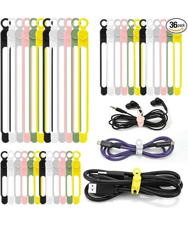 36Pcs Silicone Cable Ties, 6 Colors Data Cable Organizer Ties, 3 Sizes Cord Ties for Charging Cables, Wire Organizers, Electrical Cords, Computer Wires, Cord Organizers