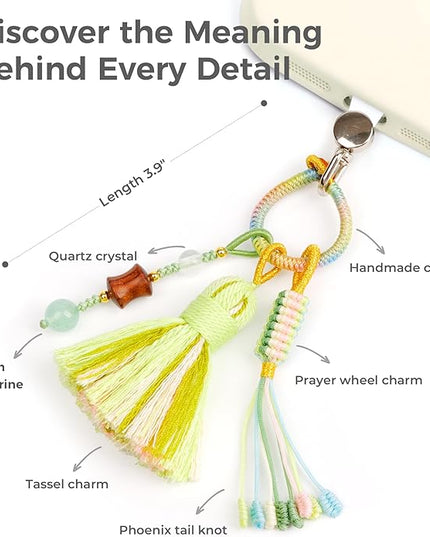 Boho Phone Charm with Tassel, Handmade Macrame Woven Phone Accessory, Cute Aesthetic Crystal & Wood Beaded Pendant Decoration for Cellphone, Bag, Keys
