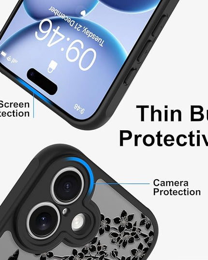 Cute Case for iPhone 17 Case with Stand [ Compatible with MagSafe ] Kawaii Black Cat & Floral & Butterflies Pattern Design 360 Magnetic Ring Kickstand Phone Cover for Women Girls Boys