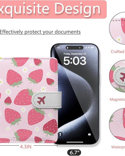 Passport Holder, Travel Wallet Cover with Pen Loop | Cute RFID Blocking Leather Case with Magnetic Closure for Travel Essentials-Strawberry
