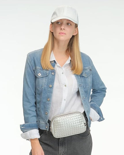 C.C Woven Vegan Leather Fanny Pack – Waist Bag with Adjustable Strap, Crossbody Belt Bag (Vegan Leather Woven - Grey)