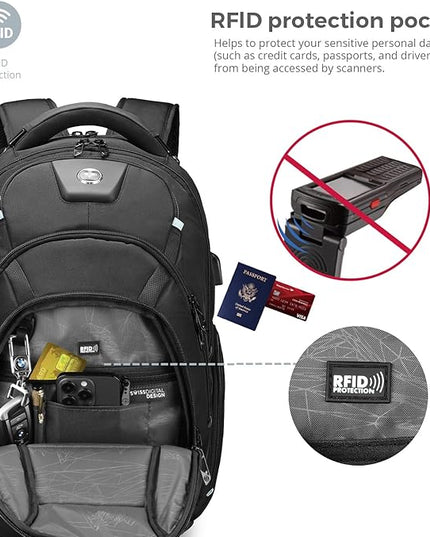 Swissdigital Design Men's Laptop Backpack, TSA Friendly USB Charging RFID Protection Backpack for College and Business, Fits 17" Laptops Black | SD1644FB-01