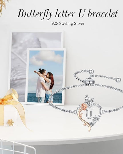 TOUPOP Gifts for Women Rose Heart Initial Bracelet 925 Sterling Silver Butterfly Letter Link Bracelet Love Jewelry Valentines Day Birthday Gifts for Her Wife Girlfriend Mom