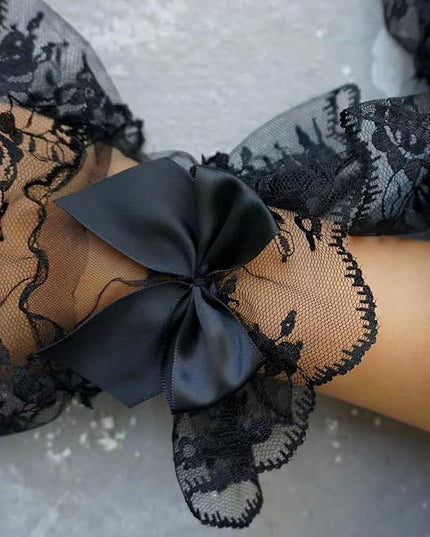 OYOANGLE Women's Floral Lace Bow Front Short Wrist Cuff Wedding Wrist Length Bridal Prom Gloves