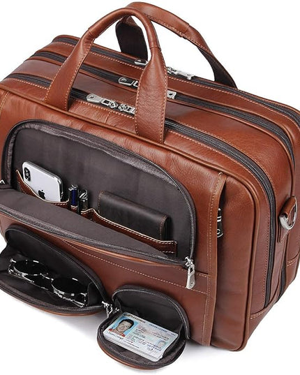 Augus Business Travel Briefcase Genuine Leather Duffel Bags for Men Laptop Bag fits 15.6 inches Laptop