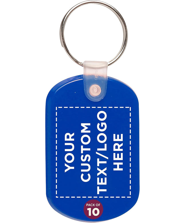 DISCOUNT PROMOS Tag Soft Plastic Keychains - 10 pack - Customizable Text, Logo - Small Key Tag Chain For Staying Organized - Rubber Key Ring Keychain – Blue