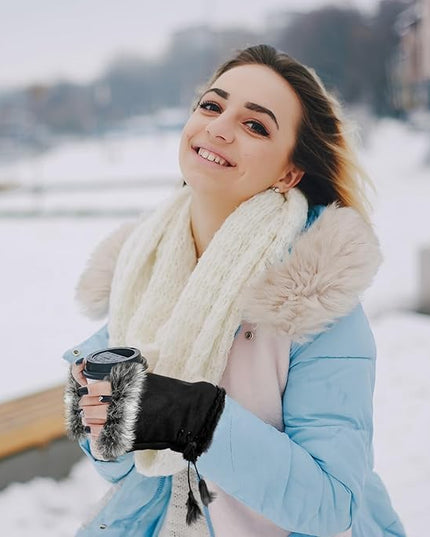 SATINIOR Women Fur Fingerless Gloves Winter Rabbit Fur Lined Half Finger Mittens for Women Girls Teen Working Writing