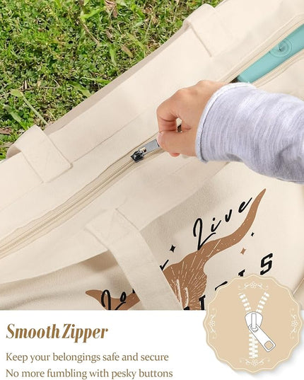 Large Tote Bag for Women - Canvas Tote Bag with Zipper Aesthetic Reusable Shoulder Bag for Gym, Travel, Work