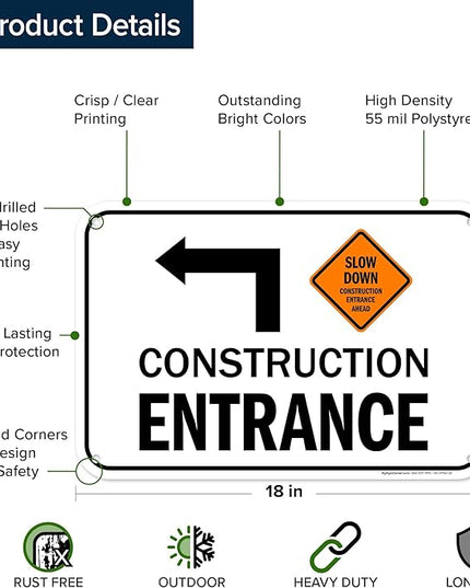 Slow Down Construction Entrance Ahead With Left Arrow Sign, 12x18 Inches, 55 mil thick HDPS (high density polystyrene), Made in USA by My Sign Center