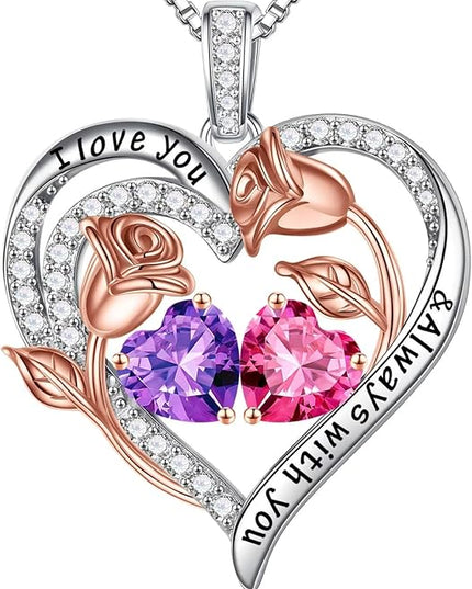 Iefil Christmas Gifts for Women Wife - 925 Sterling Silver Rose Heart Birthstone Necklace Birthday Anniversary Jewelry Gifts for Her Wife Mom Daughter