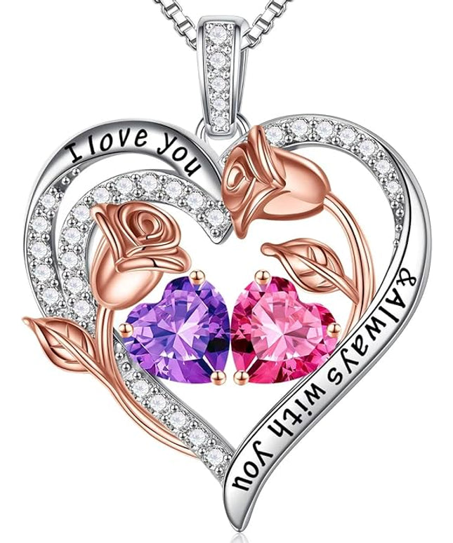 Iefil Christmas Gifts for Women Wife - 925 Sterling Silver Rose Heart Birthstone Necklace Birthday Anniversary Jewelry Gifts for Her Wife Mom Daughter