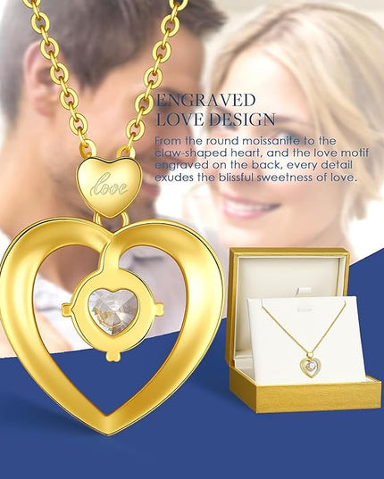 Beam & Bask Moissanite Heart Pendant Necklaces for Women, Engraved with LOVE, Sterling Silver Plated with 18K Gold, Anniversary and Birthday Jewelry for Wife, Girlfriend, Mom, or Her