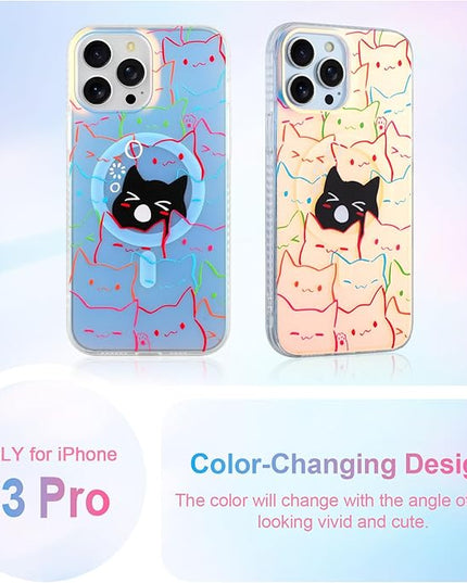 Cute Case for iPhone 13 Pro Case for Women Girls Boys [ Compatible with Magsafe ] Iridescent and Black Cats Cat Pattern Design, Kawaii Colorful Animal Soft Bumper Protective Phone Cover