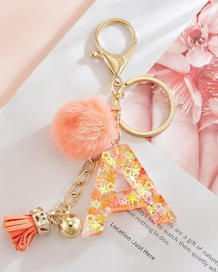 Resin Alphabet Initial Letter Keychain Keyring for Women Purse Handbags With Fur Ball Pom