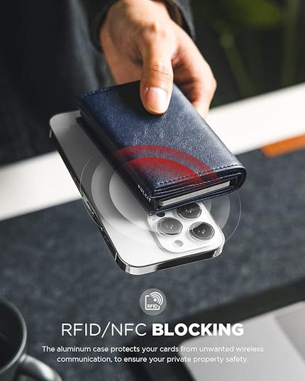 VULKIT Pop up Card Wallet Minimalist Cash Wallets RFID Blocking Leather Smart Credit Card Holder with ID window for Men(Navy)
