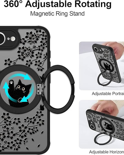Cute Case for iPhone 16e Case with Stand [ Compatible with MagSafe ] Kawaii Black Cat & Floral & Butterflies Pattern Design 360 Magnetic Ring Kickstand Phone Cover for Women Girls Boys