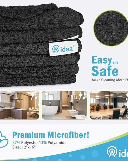 AIDEA Microfiber Cleaning Cloth-8PK, Soft Microfiber Towels for Cars, Absorbent Cleaning Rags, Lint-Free Streak-Free Wash Cloths for House, Kitchen, Window(12in.x16in), Black