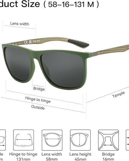 ZENOTTIC Square Polarized Sunglasses for Men Ultralight Carbon Fiber Sun Glasses Driving Fishing Golf Sports UV400 Protection