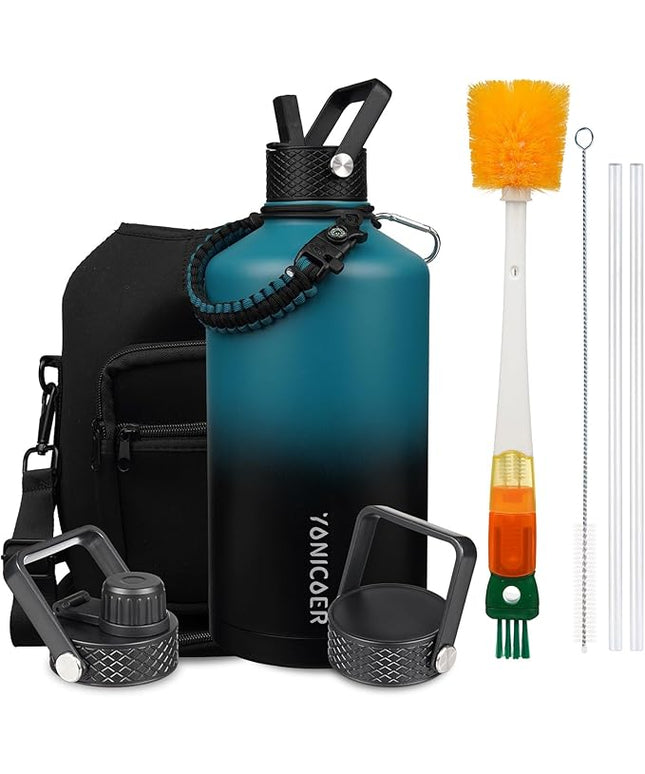 Insulated Water Bottle 128oz,Triple Wall Vacuum Stainless Steel(Dishwasher Safe),Leak Proof & Non-BPA,Flask Jug with Paracord Handle & Straw Spout Lids Sports Gradient indigo blue/black