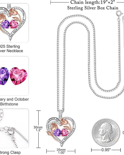 Iefil Christmas Gifts for Women Wife - 925 Sterling Silver Rose Heart Birthstone Necklace Birthday Anniversary Jewelry Gifts for Her Wife Mom Daughter
