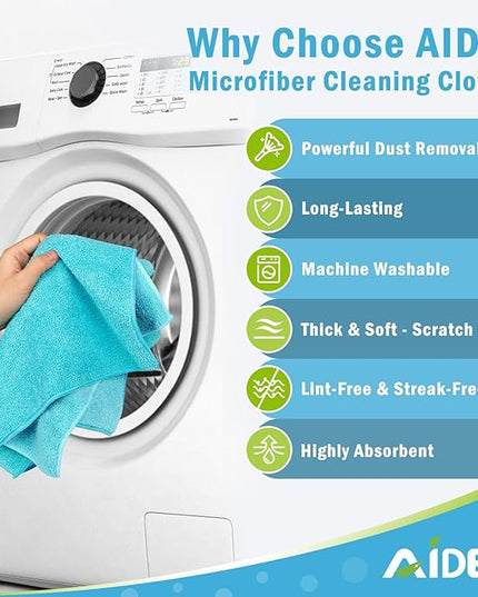 AIDEA Microfiber Cleaning Cloth-12PK, Soft Microfiber Towels for Cars, Absorbent Cleaning Rags, Lint-Free Streak-Free Wash Cloths for House, Kitchen, Window(12in.x12in), Blue