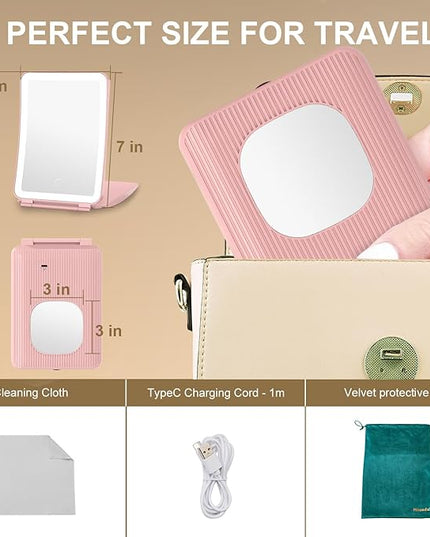Mocado Travel Makeup Mirror with Light, 1x/10x Magnifying Mirror with Light, 3 Colors Lighted Magnifying Mirror, 2000mAh Rechargeable Lighted Makeup Mirror, Dimmable Touch, Memory Function (Pink)
