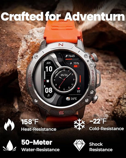 WalkerFit Smart Watch for Men, 1.43" Round AMOLED, 5ATM Waterproof, Heart Rate & Sleep Monitor,Long Battery,Outdoor Activity Tracker,Voice Control&Bluetooth Call,Compatible with iPhone Android, Orange