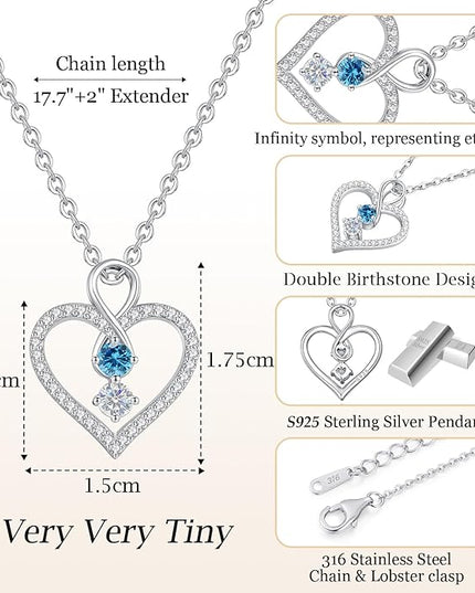 LOUISA SECRET Infinity Double Birthstone Necklace, 925 Sterling Silver Tiny Pendant Heart Necklace for Women Wife Her, Best Jewelry Gift Heart Jewelry Meaningful Gift for Valentine's Day, Christmas, Birthday Anniversary