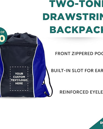 DISCOUNT PROMOS Two-Tone Drawstring Backpack Non-Woven -50 pack - Customizable Text, Logo - Durable Sports Backpacks- Ideal for Work, Sports, Travel, Gym & More - Blue