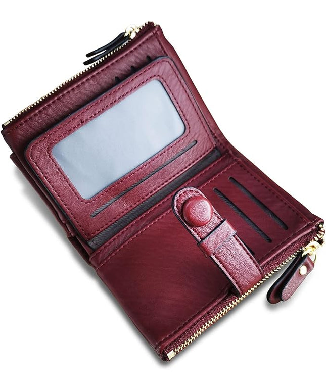 AOXONEL Women's Wallets Leather Wallets for Women Rfid Small Ladies Wallet Billfolds for Women,Trifold Mini Wallets for Women with Double Zipper Coin Pocket (Red)