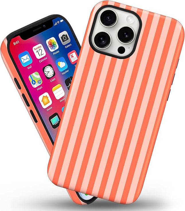 Magnetic for iPhone 14 Pro Case Cute Stripes Phone Case, Shockproof Slim TPU and Hard PC Protective Phone Cover Compatible with MagSafe Designed for Women Girls, Deep Orange
