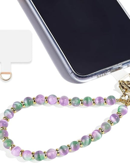 Marble Beaded Phone Wrist Strap,Detachable Phone Bracelet Strap with Tether Tab,Hands-Free Wristlet Strap (Purple Green Cat's Eye)