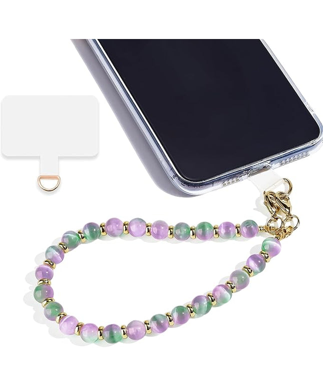 Marble Beaded Phone Wrist Strap,Detachable Phone Bracelet Strap with Tether Tab,Hands-Free Wristlet Strap (Purple Green Cat's Eye)