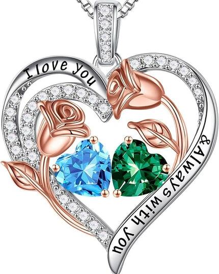 Iefil Christmas Gifts for Women Wife - 925 Sterling Silver Rose Heart Birthstone Necklace Birthday Anniversary Jewelry Gifts for Her Wife Mom Daughter