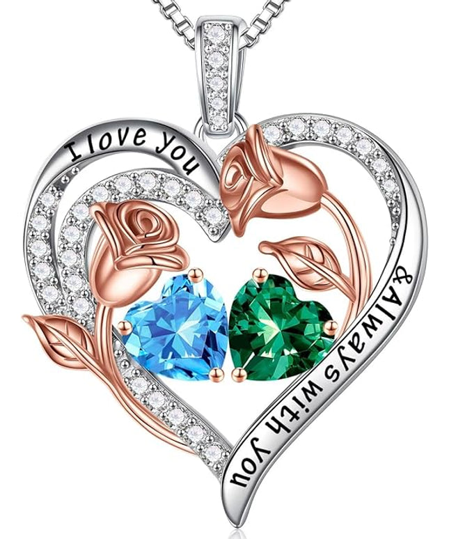 Iefil Christmas Gifts for Women Wife - 925 Sterling Silver Rose Heart Birthstone Necklace Birthday Anniversary Jewelry Gifts for Her Wife Mom Daughter