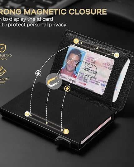 RUNBOX Slim Card Wallet for Men with ID Window – Minimalist RFID Wallet, Pop-Up Function, Ultra Thin Design, Metal Business Card Case Holds 8+ Cards, Gifts for Men, Men's Accessories