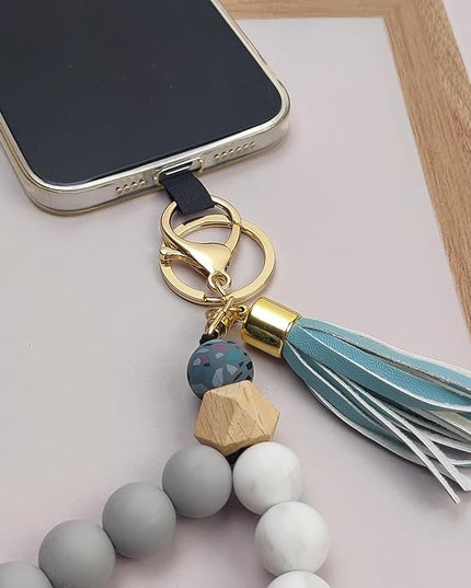 Phone Lanyard Silicone Beaded Phone Wrist Strap Cute Elastic Cell Phone Wristlet Chain Bracelet with 2 Tether Tab